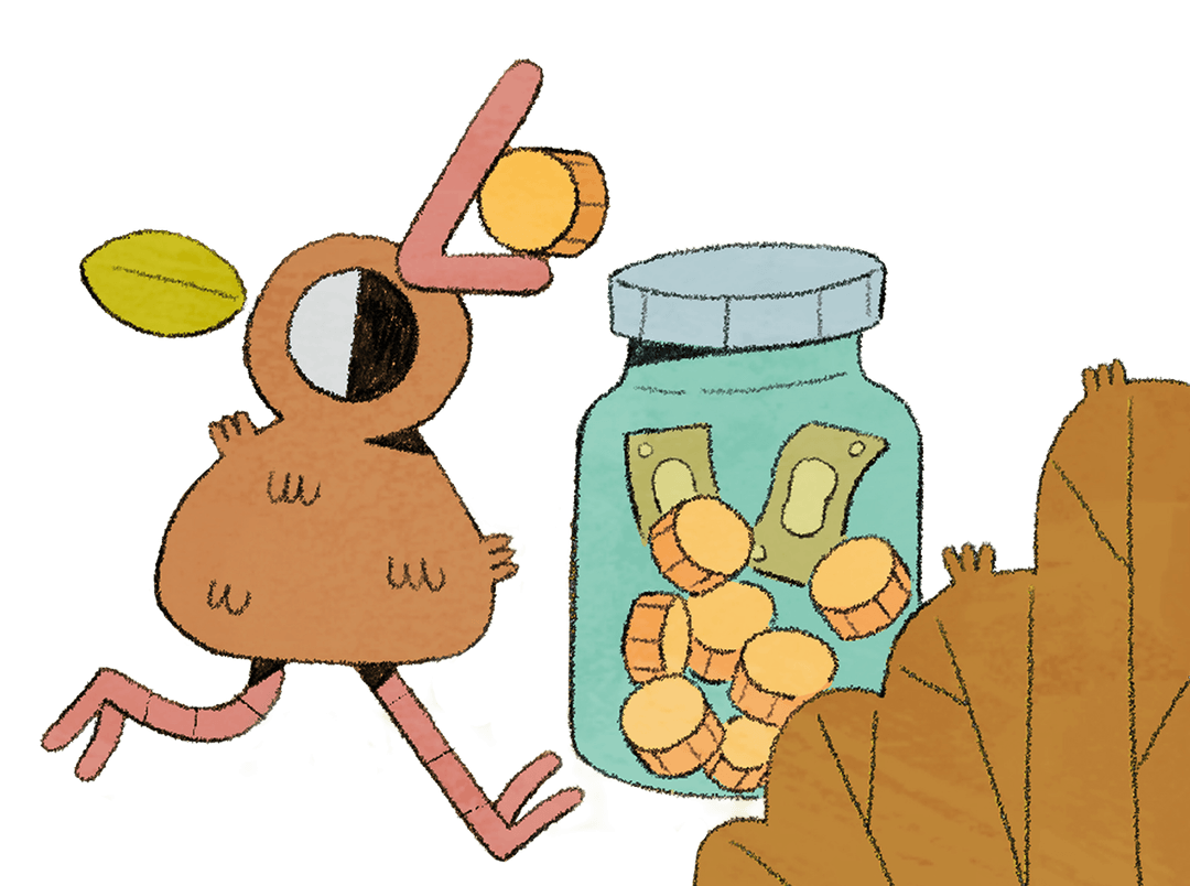 Kiwi running with a jar of savings