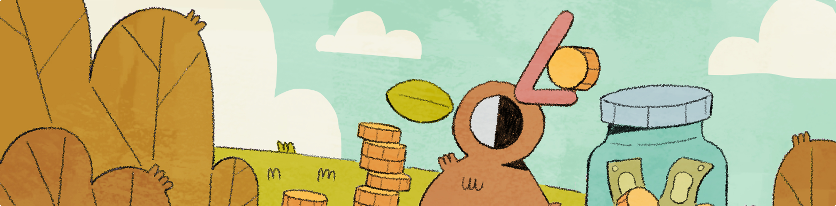 A kiwi saving coins in a sunny New Zealand field